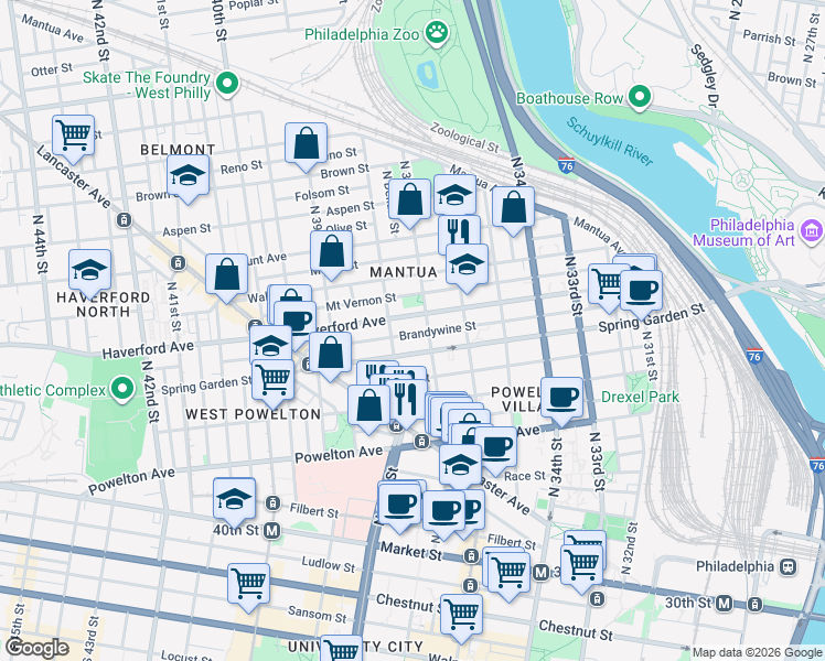 map of restaurants, bars, coffee shops, grocery stores, and more near 3713 Brandywine Street in Philadelphia
