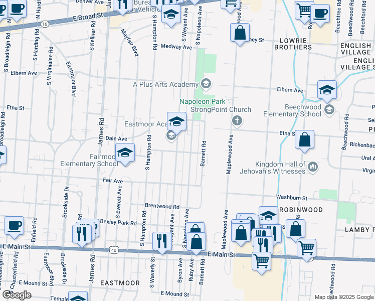 map of restaurants, bars, coffee shops, grocery stores, and more near 455 South Napoleon Avenue in Columbus