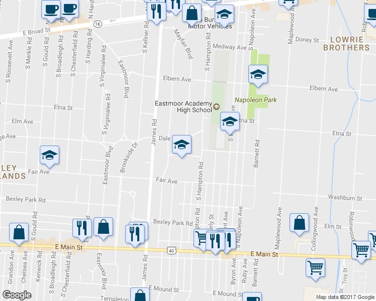 map of restaurants, bars, coffee shops, grocery stores, and more near 434 Mayfair Boulevard in Columbus