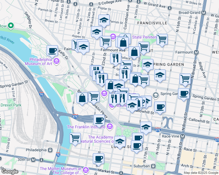 map of restaurants, bars, coffee shops, grocery stores, and more near 2001 Hamilton Street in Philadelphia