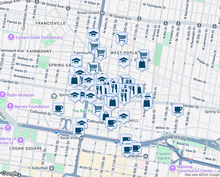 map of restaurants, bars, coffee shops, grocery stores, and more near 1231 Ridge Avenue in Philadelphia