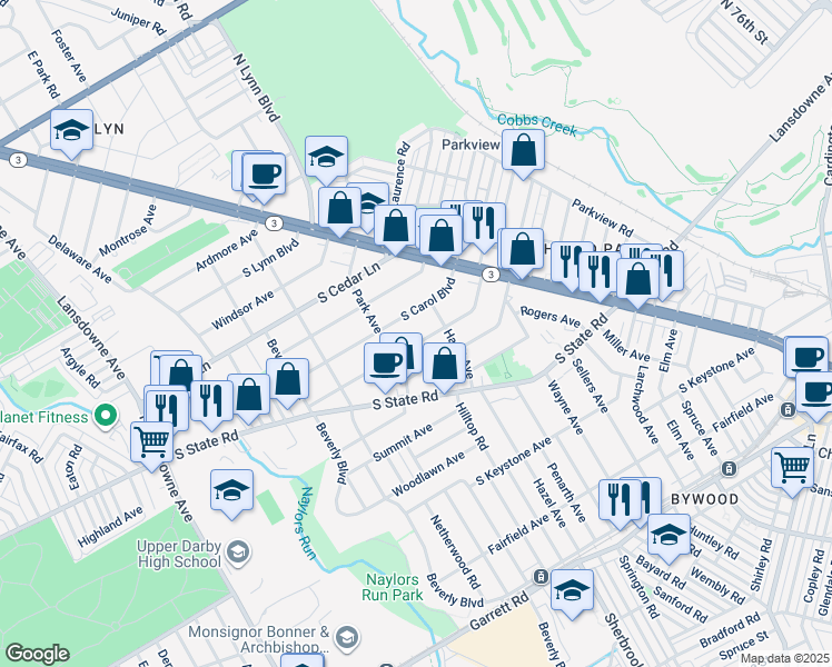 map of restaurants, bars, coffee shops, grocery stores, and more near 126 South Fairview Avenue in Upper Darby