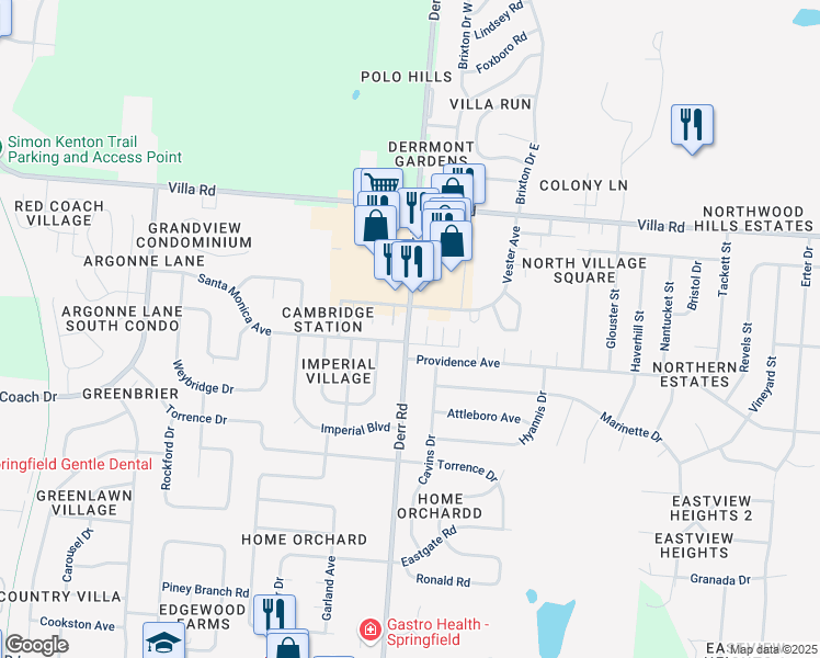 map of restaurants, bars, coffee shops, grocery stores, and more near 2940 Derr Road in Springfield