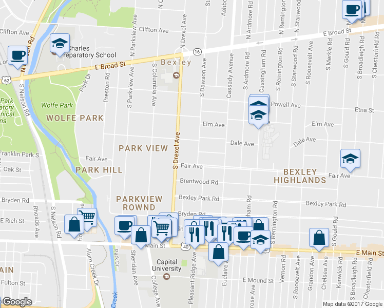 map of restaurants, bars, coffee shops, grocery stores, and more near 303 South Dawson Avenue in Columbus