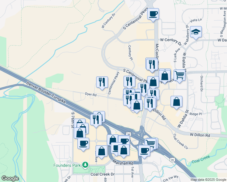 map of restaurants, bars, coffee shops, grocery stores, and more near 363 Centennial Parkway in Louisville