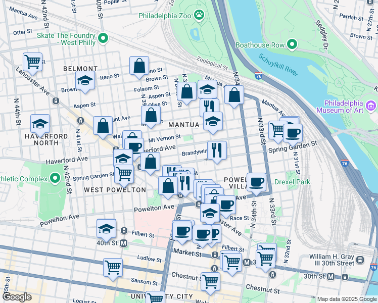 map of restaurants, bars, coffee shops, grocery stores, and more near 3709 Brandywine Street in Philadelphia