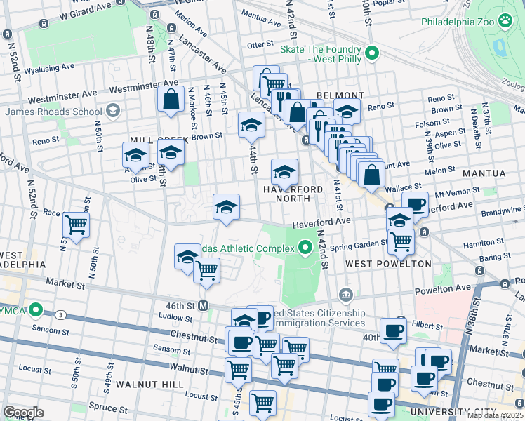 map of restaurants, bars, coffee shops, grocery stores, and more near 615 North 44th Street in Philadelphia