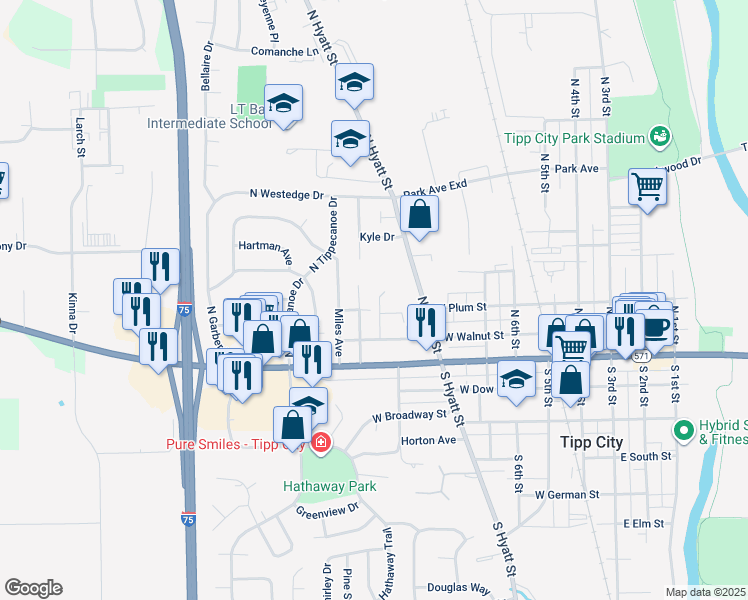map of restaurants, bars, coffee shops, grocery stores, and more near 151 Maynard Drive in Tipp City