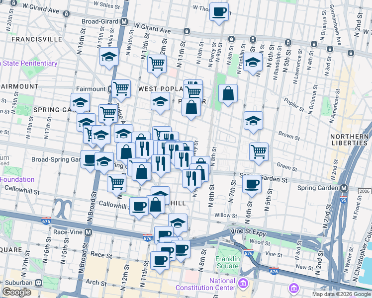 map of restaurants, bars, coffee shops, grocery stores, and more near 612 North 10th Street in Philadelphia