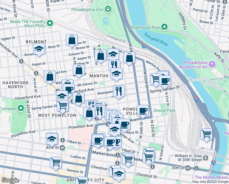 map of restaurants, bars, coffee shops, grocery stores, and more near 518 North 36th Street in Philadelphia