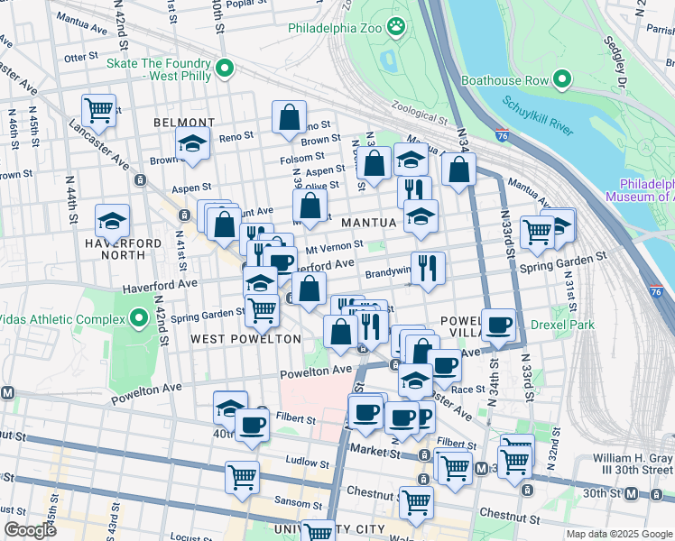 map of restaurants, bars, coffee shops, grocery stores, and more near 3826 Haverford Avenue in Philadelphia