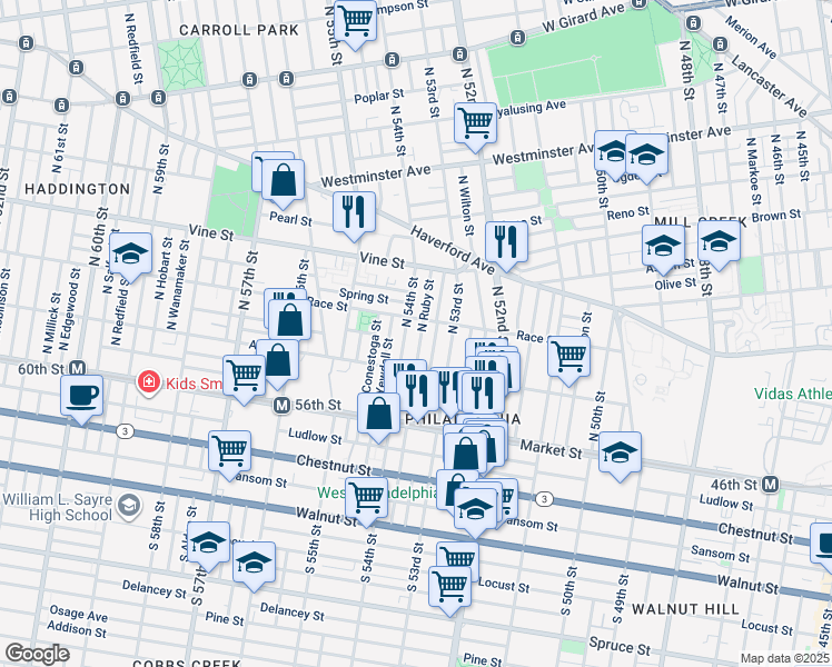 map of restaurants, bars, coffee shops, grocery stores, and more near 146 North Ruby Street in Philadelphia