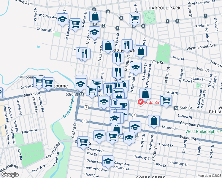 map of restaurants, bars, coffee shops, grocery stores, and more near 37 North 61st Street in Philadelphia