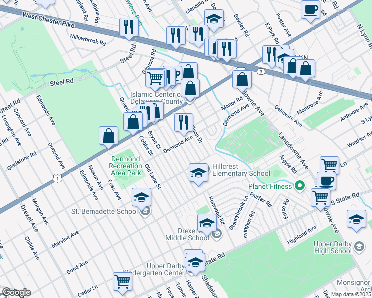map of restaurants, bars, coffee shops, grocery stores, and more near 1132 Harding Drive in Havertown