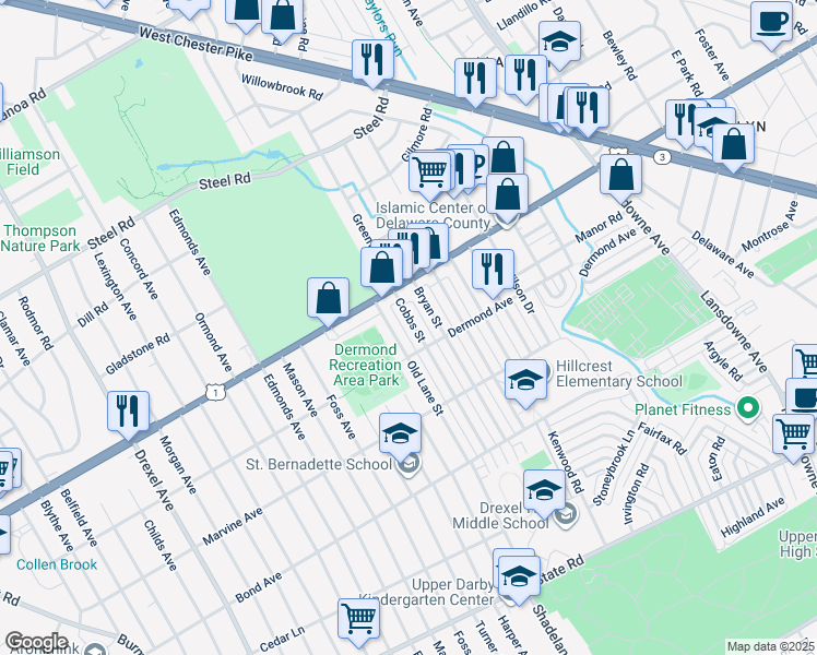 map of restaurants, bars, coffee shops, grocery stores, and more near 1218 Cobbs St in Drexel Hill