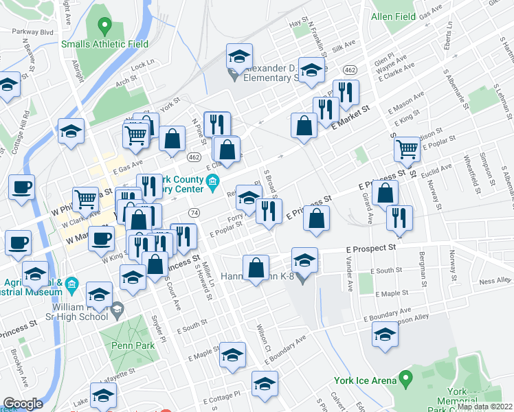 map of restaurants, bars, coffee shops, grocery stores, and more near 340 E King St in York