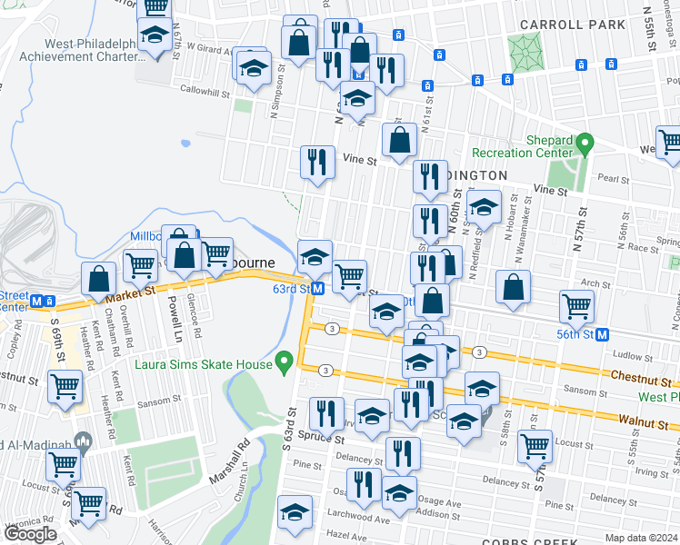 map of restaurants, bars, coffee shops, grocery stores, and more near 20 North Hirst Street in Philadelphia