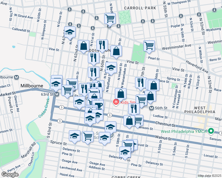 map of restaurants, bars, coffee shops, grocery stores, and more near 20 North 59th Street in Philadelphia