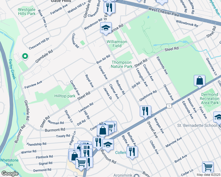map of restaurants, bars, coffee shops, grocery stores, and more near 236 Clamar Avenue in Havertown