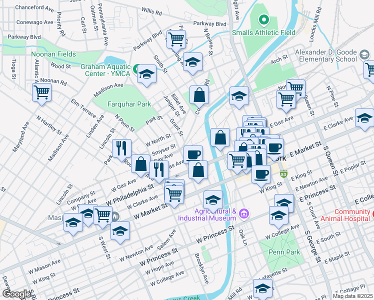 map of restaurants, bars, coffee shops, grocery stores, and more near 149 North Newberry Street in York