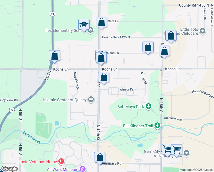 map of restaurants, bars, coffee shops, grocery stores, and more near 2615 N 13th St in Quincy