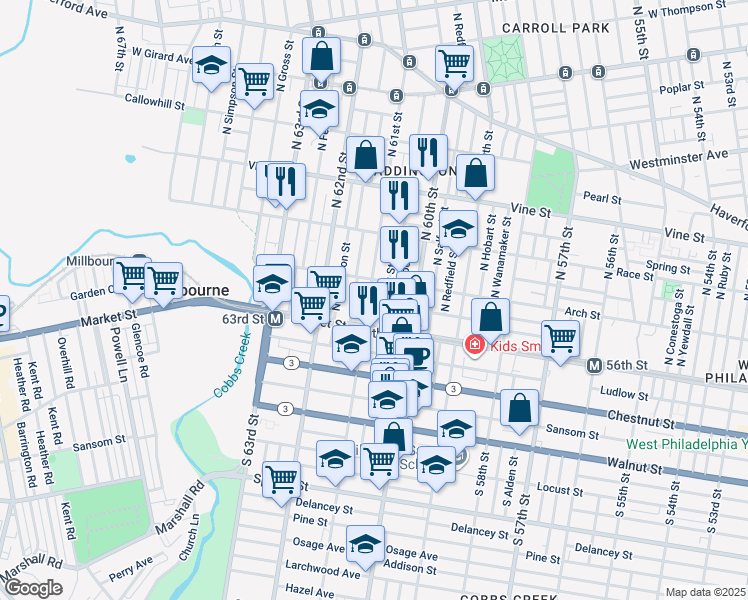 map of restaurants, bars, coffee shops, grocery stores, and more near 37 North 61st Street in Philadelphia