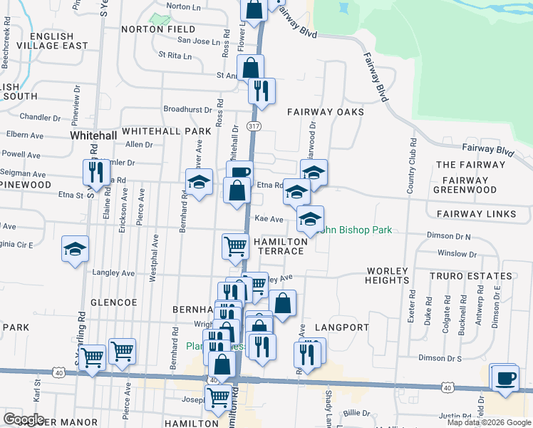 map of restaurants, bars, coffee shops, grocery stores, and more near 4642 Kae Avenue in Columbus