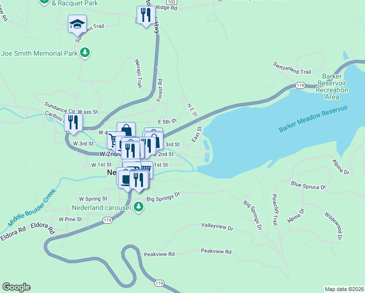 map of restaurants, bars, coffee shops, grocery stores, and more near 350 East Street in Nederland