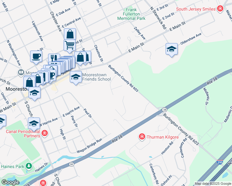 map of restaurants, bars, coffee shops, grocery stores, and more near 248 Laurence Drive in Moorestown