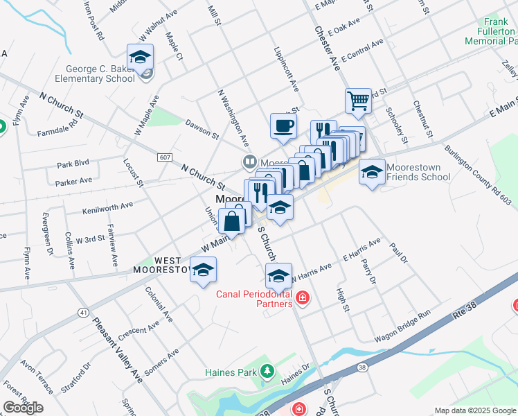 map of restaurants, bars, coffee shops, grocery stores, and more near in Moorestown