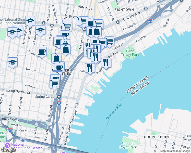 map of restaurants, bars, coffee shops, grocery stores, and more near 939 North Delaware Avenue in Philadelphia