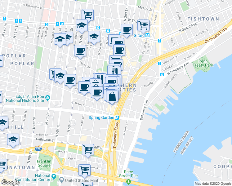 map of restaurants, bars, coffee shops, grocery stores, and more near in Philadelphia