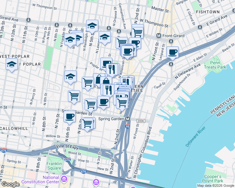 map of restaurants, bars, coffee shops, grocery stores, and more near 728 North Bodine Street in Philadelphia