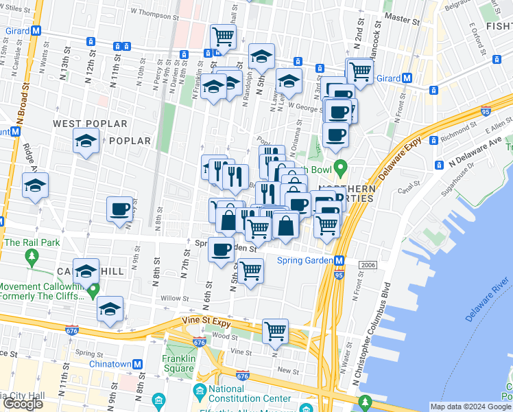 map of restaurants, bars, coffee shops, grocery stores, and more near 424 Fairmount Avenue in Philadelphia