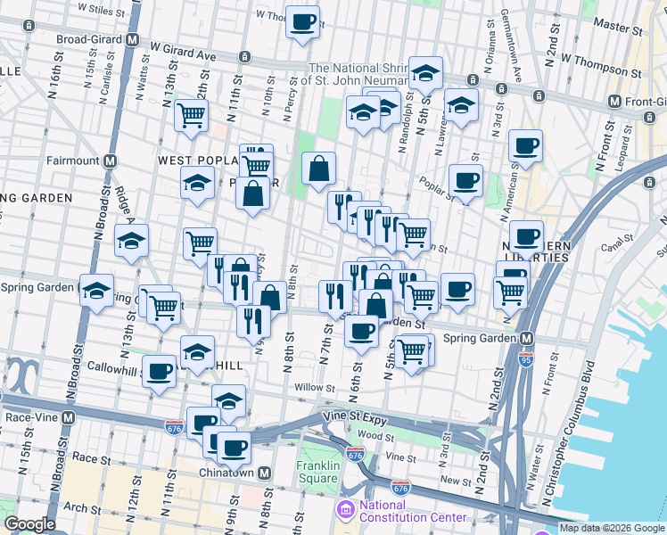 map of restaurants, bars, coffee shops, grocery stores, and more near 700 Wallace Street in Philadelphia