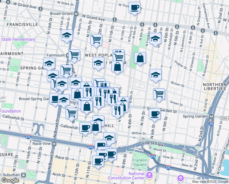 map of restaurants, bars, coffee shops, grocery stores, and more near 612 North 10th Street in Philadelphia