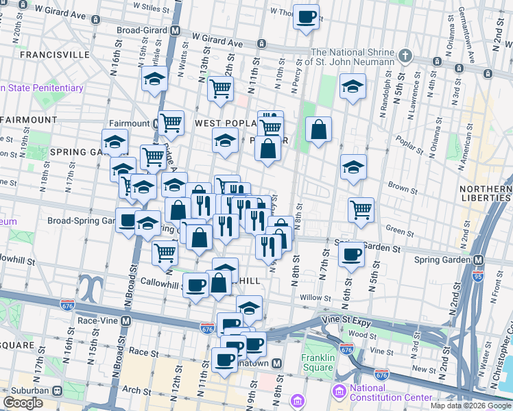 map of restaurants, bars, coffee shops, grocery stores, and more near 612 North 10th Street in Philadelphia
