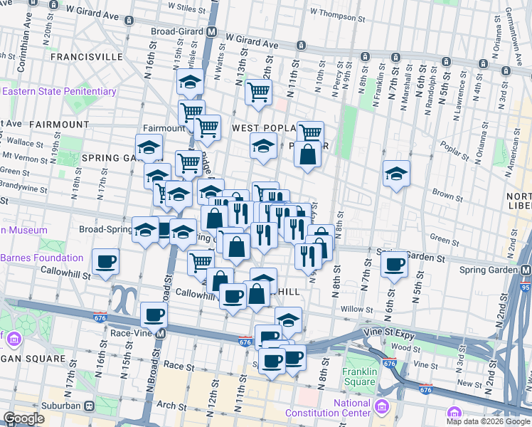 map of restaurants, bars, coffee shops, grocery stores, and more near 602 North 11th Street in Philadelphia