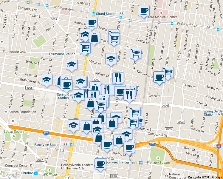 map of restaurants, bars, coffee shops, grocery stores, and more near in Philadelphia