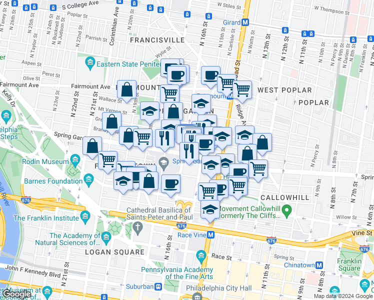 map of restaurants, bars, coffee shops, grocery stores, and more near 1601 Spring Garden Street in Philadelphia