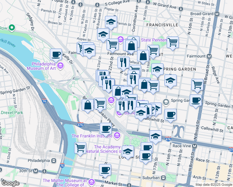 map of restaurants, bars, coffee shops, grocery stores, and more near 2001 Hamilton Street in Philadelphia