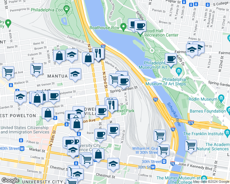 map of restaurants, bars, coffee shops, grocery stores, and more near 438 North 32nd Street in Philadelphia