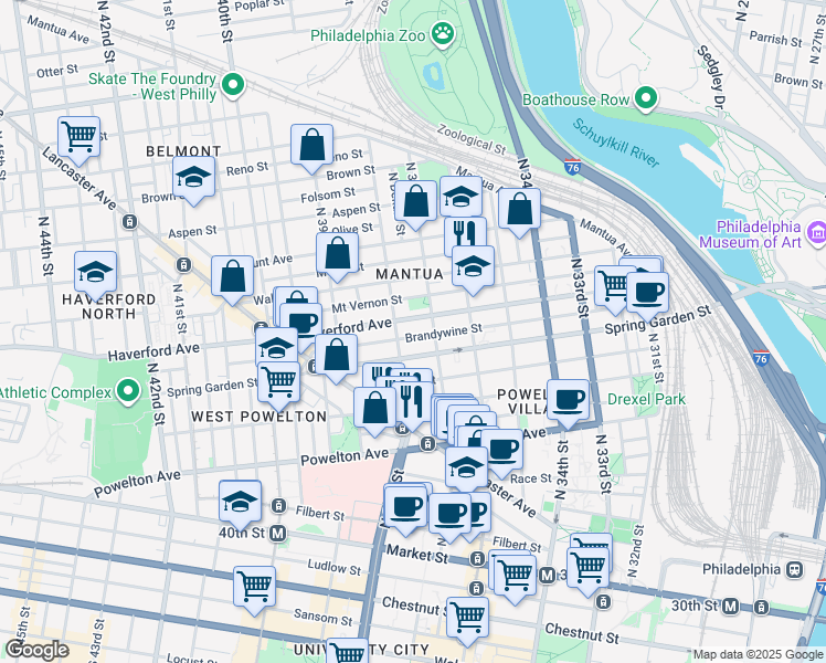 map of restaurants, bars, coffee shops, grocery stores, and more near 3713 Brandywine Street in Philadelphia