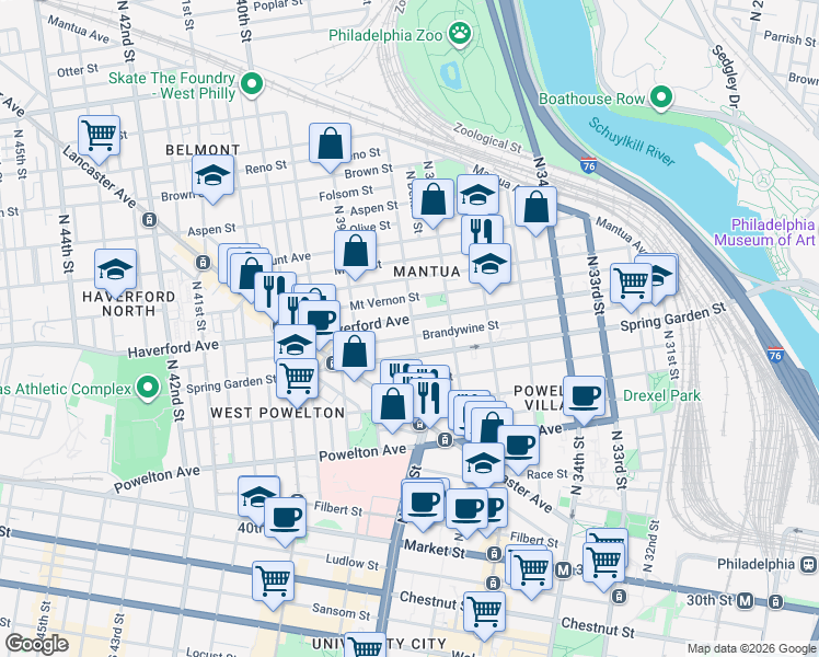 map of restaurants, bars, coffee shops, grocery stores, and more near 3819 Brandywine Street in Philadelphia
