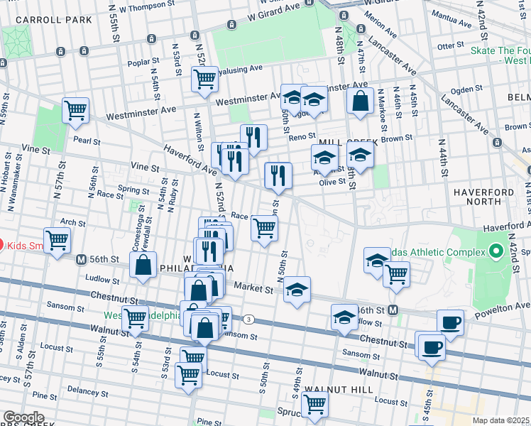 map of restaurants, bars, coffee shops, grocery stores, and more near 5031 Race Street in Philadelphia