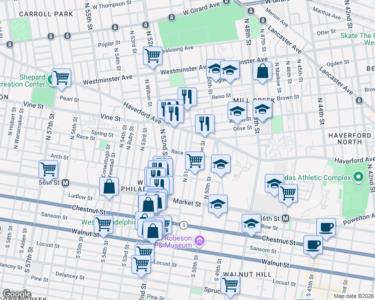 map of restaurants, bars, coffee shops, grocery stores, and more near 5031 Race Street in Philadelphia
