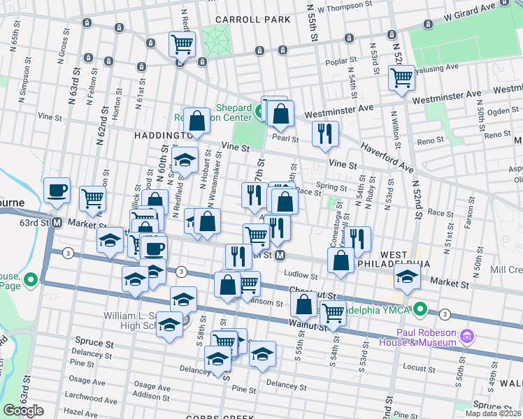 map of restaurants, bars, coffee shops, grocery stores, and more near 5654 Appletree Street in Philadelphia