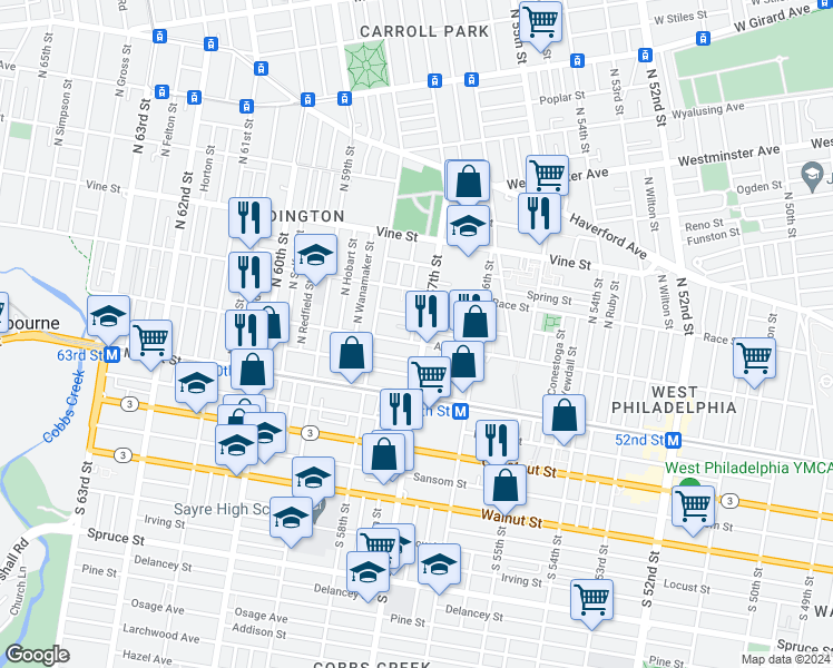 map of restaurants, bars, coffee shops, grocery stores, and more near 5725 Arch Street in Philadelphia