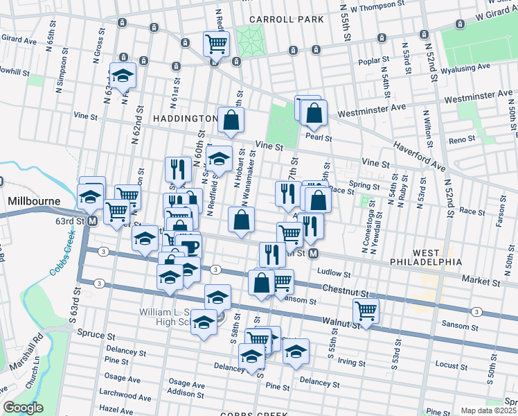 map of restaurants, bars, coffee shops, grocery stores, and more near 5725 Arch Street in Philadelphia
