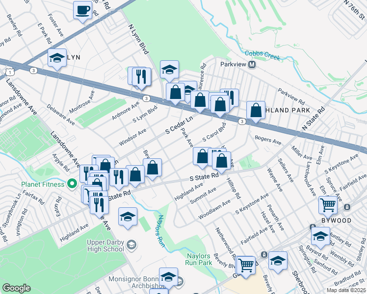 map of restaurants, bars, coffee shops, grocery stores, and more near 222 South Carol Boulevard in Delaware County